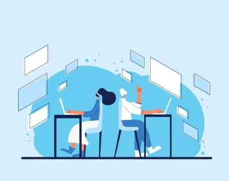 Characters working on computer together. Persons using laptop. Coeorkers sitt Illustrazione stock