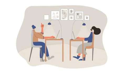 Characters working from home on computer together. Persons using laptop. Coeo Stock Illustration