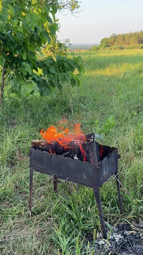 Charcoal barbecue grill with burning fire standing outdoors in green meadow Stock Footage 345173016