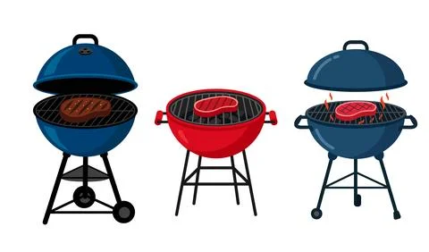 Charcoal BBQ Grill Collection Flat Vector Illustration Set Ilustração Stock