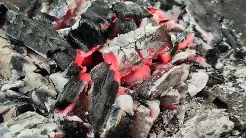 Charcoal burning with ash. Stockbeeldmateriaal 304311899