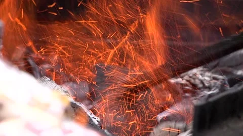 Charcoal burns, microparticles of fire. Stock Footage 133251534