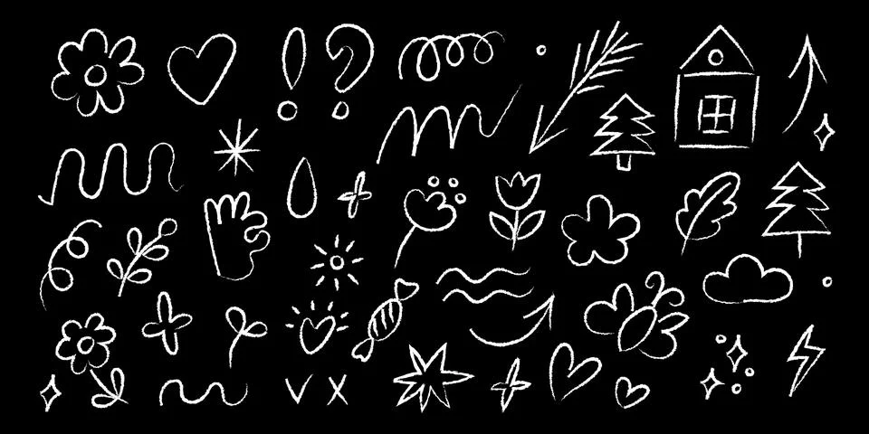 Charcoal doodle artwork featuring various playful designs and elements on a.. イラスト素材