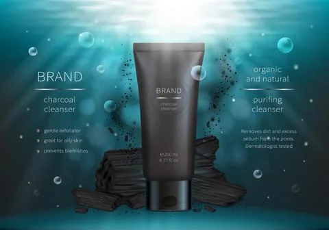 Charcoal face wash, vector realistic ads poster Stock-Illustration
