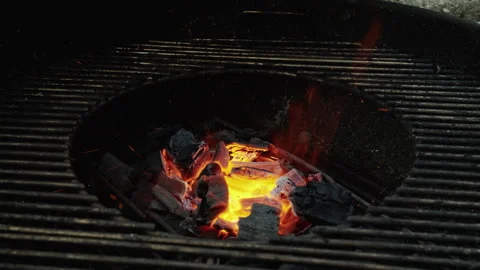 Charcoal Fire Burning Hot in Backyard Grill Stock Footage 340888251