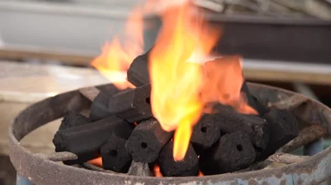 Charcoal with flame burning closeup Stock Footage 61554562