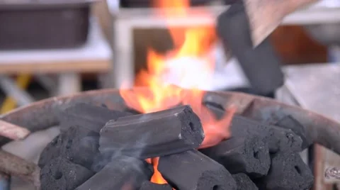 Charcoal with flame burning closeup Video stock 61554603