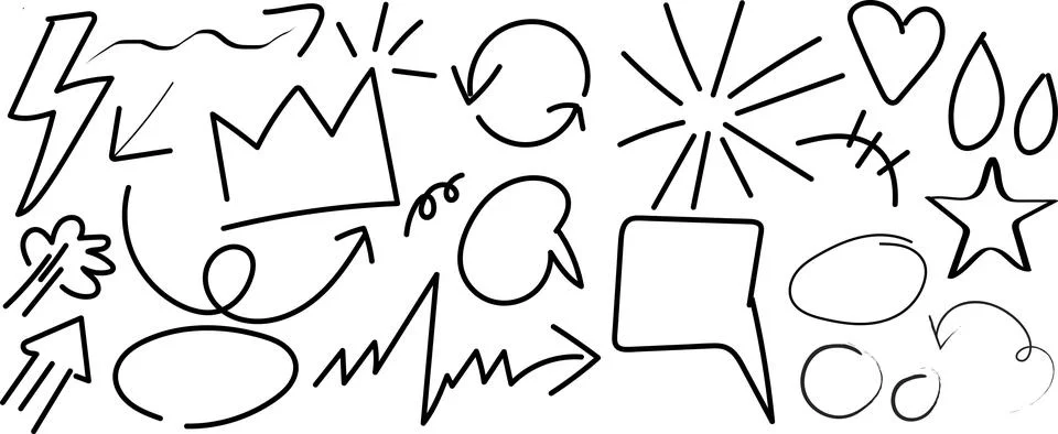 Charcoal pen liner doodle elements, crown, emphasis arrow, speech bubble イラスト素材