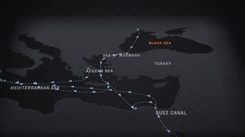 Charcoal Perspective Map With Dashed Lanes Tracing The Grain Route From Odesa Видео 343730404