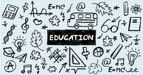 Charcoal school doodles on notebook sheet in a cage. Fun handdrawn icons for Stock Illustration