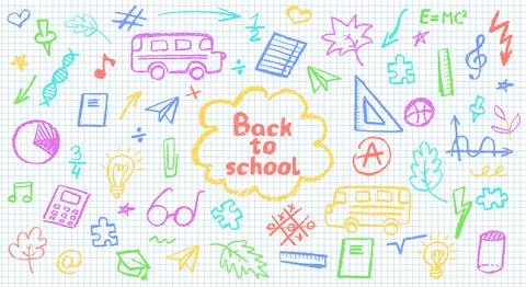 Charcoal school doodles on notebook sheet in a cage. Fun handdrawn icons for Illustrazione stock