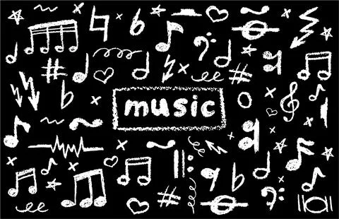 Charcoal scribble vector of handwritten pop music notes and symbols. Grungy Illustrazione stock
