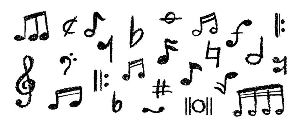 Charcoal scribble vector of handwritten pop music notes and symbols. Grungy Illustrazione stock