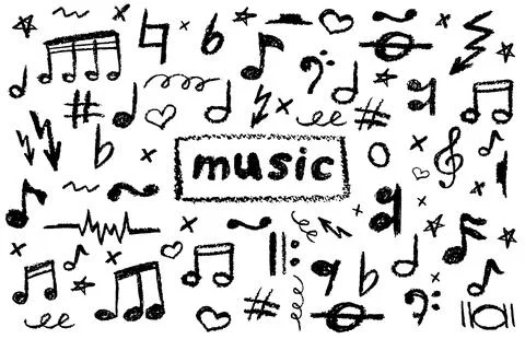 Charcoal scribble vector of handwritten pop music notes and symbols. Grungy Stock Illustration