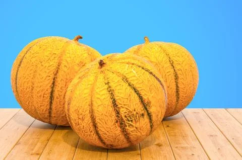 Charentais melon close-up 3d rendering with realistic texture on the wooden t Stock Illustration
