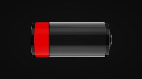 Charge icon on black background, battery is low. 3D Render. Stock Illustration