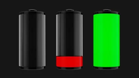 Charge icon on black background, battery is low. Charging progress. 3D Render Stock Illustration