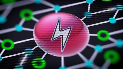Charge icon. Circuit board in the screen. Looping footage with codec Prores 4444 Stock Footage 109176983