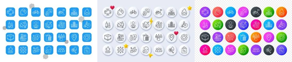 Charging adapter, Delegate work and Delivery box line icons. For web app Stock Illustration
