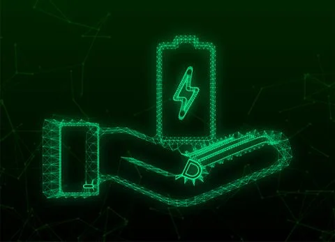 Charging battery with hands. Plexus battery charge level indicators. Vector Illustrazione stock