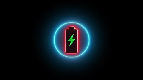 Charging battery icon with lightning bolt glows neon red and blue in dark s.. Stock Footage 346490768