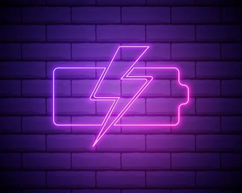 Charging battery with lightning sign, technology icon. Pink neon style on bri Stock Illustration
