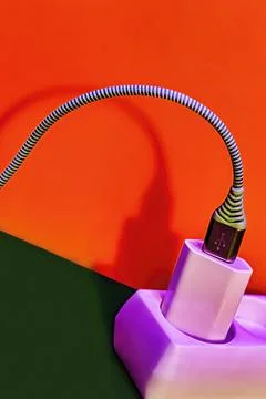 Charging cable inside on electric socket on colorful background Stock Photos