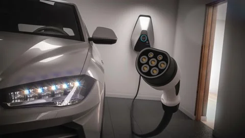 Charging electric car generic suv in garage focus on power plug 3d animation Stock Footage 137054312