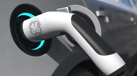 Charging electric car plug with GENERAL ELECTRIC logo on it. Editorial Stock Illustration