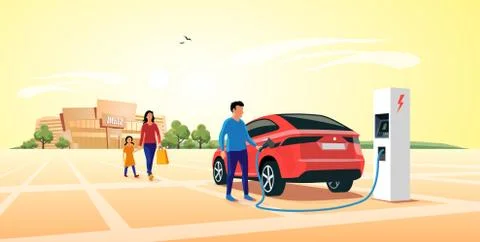 Charging Electric Car Suv while Family Shopping at Mall Stock Illustration