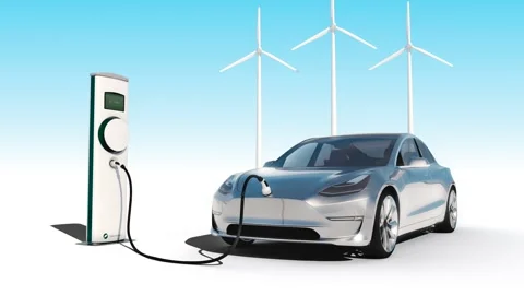 Charging electric car with wind power electricity 3d animation Stock Footage 137054445