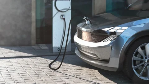 Charging an electric generic SUV car in a city parking lot 3d animation Stock Footage 137054311