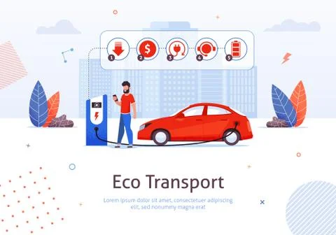 Charging Electro Car, Nature Saving with Eco Tech. Stock Illustration