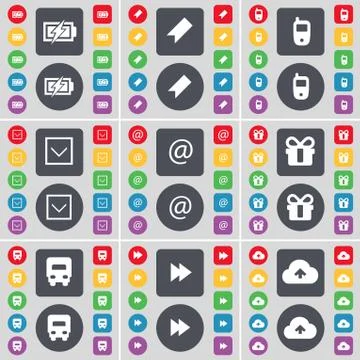 Charging, Marker, Mobile phone, Arrow down, Mail, Gift, Truck, Rewind, Cloud ico Stock Illustration