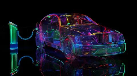 Charging modern electic car. Glass car with neon lighting Stock Illustration