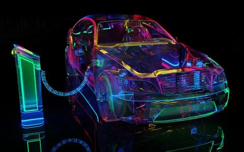 Charging modern electic car. Glass car with neon lighting Stock Illustration