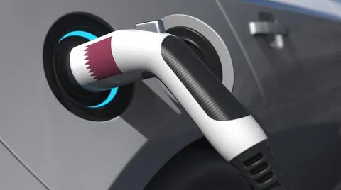 Charging plug in an electric car with flag of Qatar, conceptual 3d rendering Stock Illustration