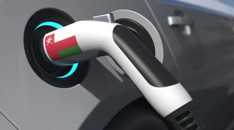 Charging plug in an electric car with flag of Oman. Conceptual 3d rendering Stock Illustration