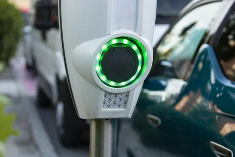 Charging point for electric cars, Madrid, Spain. Sustainable city. Stock Photos