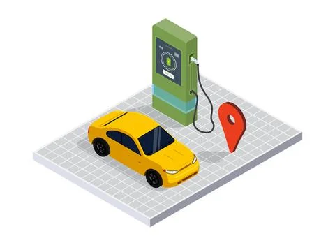 Charging station vector web banner template. Isometric electric recharging .. Stock Illustration