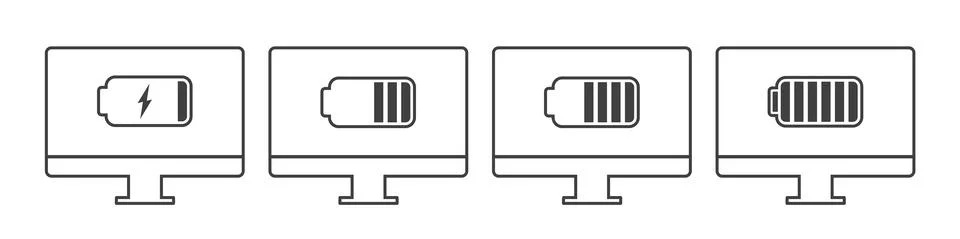Charging your computer at different battery levels. Gradual charging icons set Stock Illustration