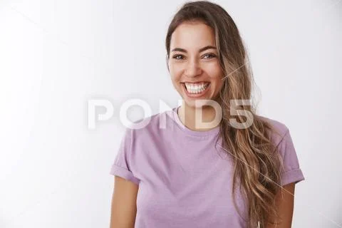 Charismatic carefree attractive healthy woman laughing out loud smiling white Stock Photos