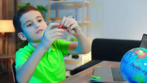 Charismatic pretty small boy while doing his school project on the laptop take a Stock Footage 146185838
