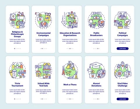 Charitable donations onboarding mobile app page screens set Illustrazione stock
