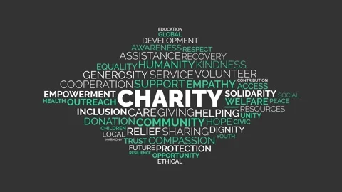 Charity and community support word cloud animation on dark background Stock Footage 343779971