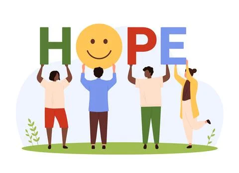 Charity, hope for better future, tiny people standing holding rainbow letter of 스톡 일러스트