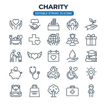 Charity icons set with editable stroke lines representing donation, healthc.. Stock Illustration