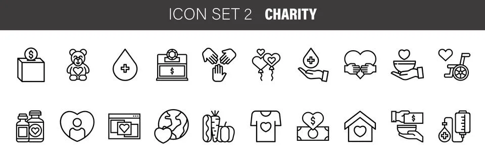 Charity - modern vector line design icons and pictograms set. Awareness ribbo Stock Illustration