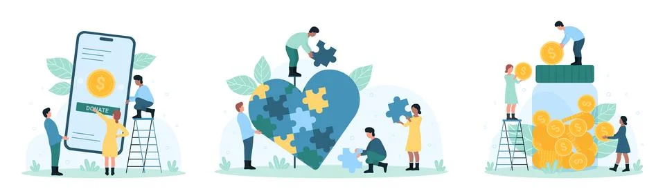 Charity services set, generous tiny people give money to jar, collect heart from Stock Illustration