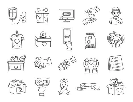 Charity support donation set in outline line art 스톡 일러스트